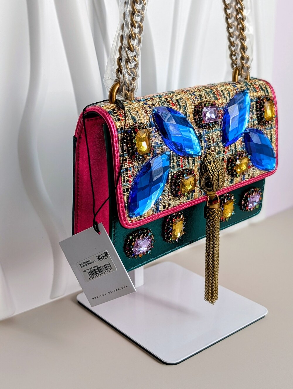 NWT Kurt Geiger Small Shoreditch Jewel Crystal Tweed Leather Crossbody Bag Set